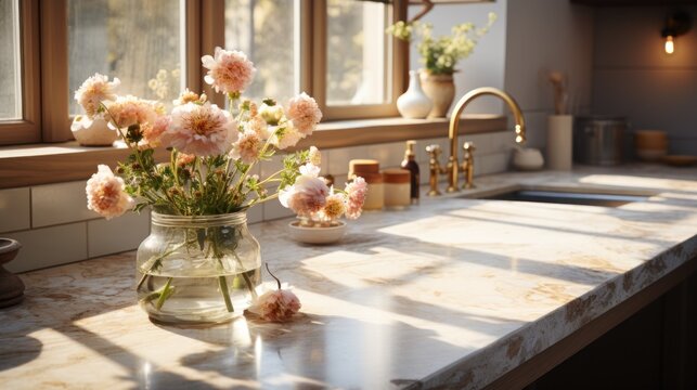 A clean golden brown marble table with lots of flowers and a bowl of strawberries