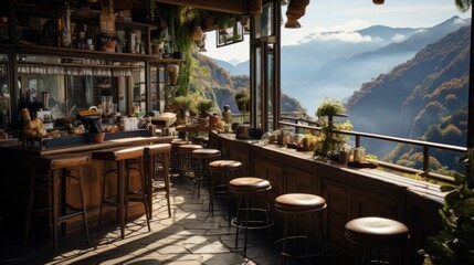 Fototapeta premium coffee shop with view of beautiful mountain