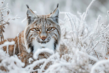 Naklejka na ściany i meble The prowess of a Bobcat amidst the winter frost