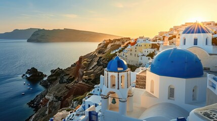 Santorini Greece skyline at sunset. Beautiful travel photo in the Mediterranean. Blue domed buildings with white stone. - obrazy, fototapety, plakaty