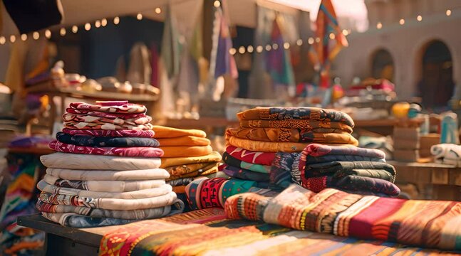 colorful fabric market display at traditional shop