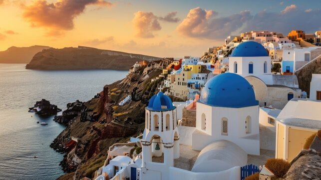 Santorini Greece skyline at sunset. Beautiful travel photo in the Mediterranean. Blue domed buildings with white stone.