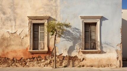 the facade walls of old houses with faded white