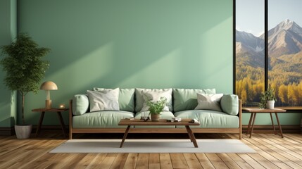 mint green walls with sofa on wooden floor and window with mountain view