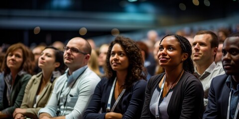 Diverse men and women attending a conference in a convention center.Business people applauding for public speaker during seminar
