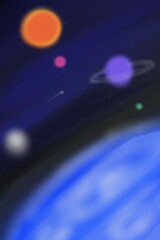 illustration of planets in space and surface of the earth visible from space with blur and noise effects