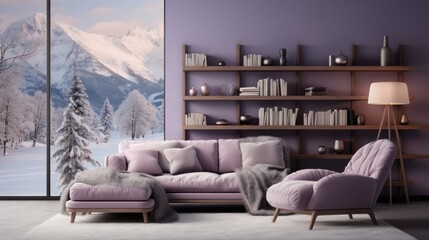 Bedroom interior with bed with wool blanket, shelves and snowy peach carpet purple color concept