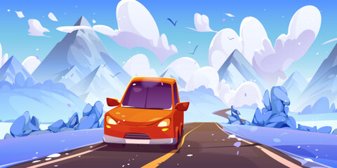 Red car drive asphalt road in middle of snowy meadows with bushes and trees leading to mountains in winter. Cartoon cold season landscape with front view on vehicle driving down highway from hills - obrazy, fototapety, plakaty