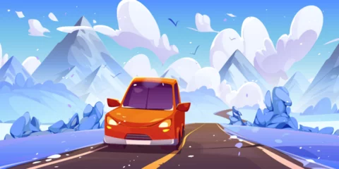 Papier Peint photo Voitures de dessin animé Red car drive asphalt road in middle of snowy meadows with bushes and trees leading to mountains in winter. Cartoon cold season landscape with front view on vehicle driving down highway from hills