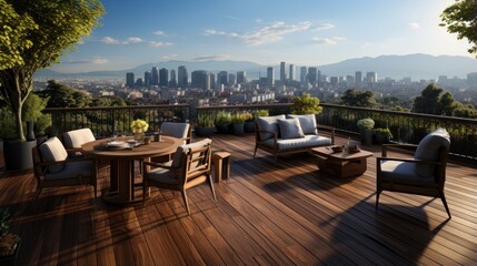 Spacious terrace with wooden floors and furniture, and stunning city views