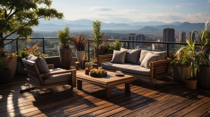 Obraz premium Spacious terrace with wooden floors and furniture, and stunning city views