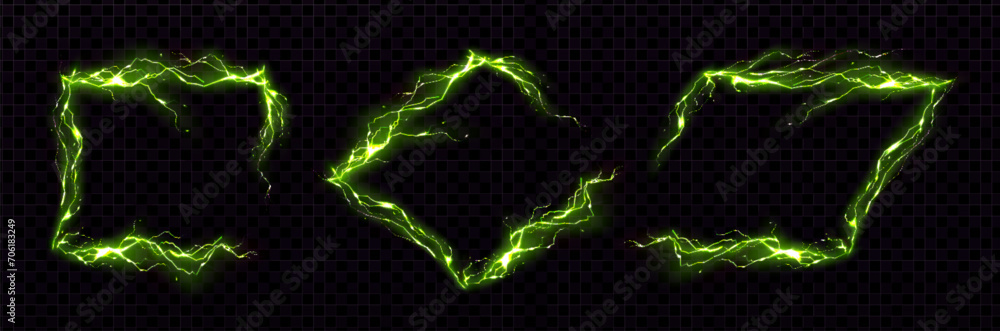 Poster green frames made of glowing neon lightning. realistic vector set of square, rhombus shape borders f