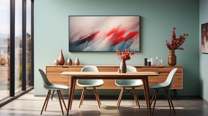 wooden table and chairs in light blue green dining room with modern art posters and cupboard