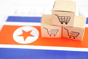 Online shopping, Shopping cart box on North Korea flag, import export, finance commerce.