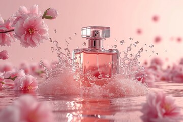 front view, rectangular perfume bottle mockup, clean and simple, pink liquid inside, little water splash, blossom flower, no 3 quarter view 
