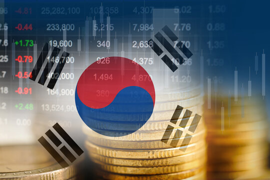 Fototapeta South Korea flag with stock market finance, economy trend graph digital technology.