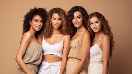 Skin, aesthetic and young friends together for self care, dermatology and support.Beauty, diversity and portrait of women happy with makeup for cosmetic skincare isolated in studio brown background.