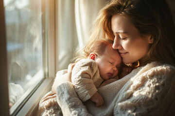 Woman and child embracing one another, Mum is comforting a baby, Beautiful conceptual image of child care, generative AI