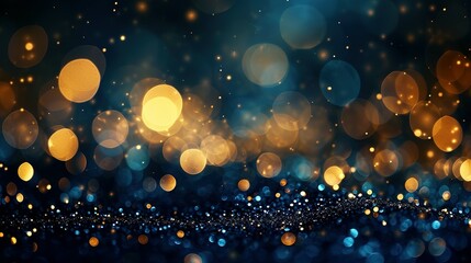 Background of abstract glitter lights, bokeh, blured. blue, gold and black. de focused. banner background