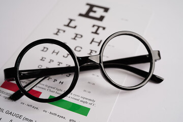  Glasses on eye exam chart to test eyesight accuracy of reading.