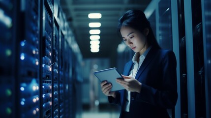 Data Center Female IT Specialist Uses Laptop Computer. Cloud Computing Server Farm with IT Engineer Monitoring Statistic