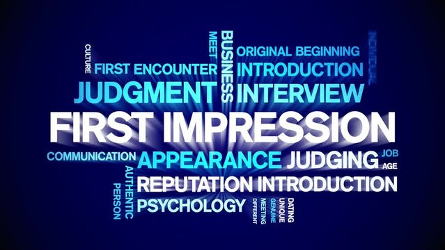 First impressions animated tag word cloud;text design animation kinetic typography seamless loop.