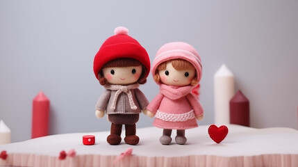  Felt Knit Cute Boy and Girl on Valentine Day with Heart