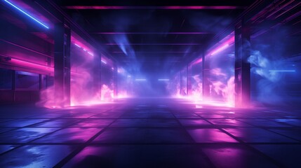 Sci Fi Futuristic Smoke Fog Neon Laser Garage Room,blue pink violet neon abstract background,ultraviolet light,night club Cyber Undergound Warehouse Concrete Reflective Studio,3D Render illustration
