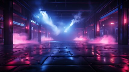 Sci Fi Futuristic Smoke Fog Neon Laser Garage Room,blue pink violet neon abstract background,ultraviolet light,night club Cyber Undergound Warehouse Concrete Reflective Studio,3D Render illustration
