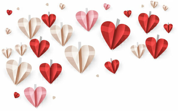 white background highlights cut paper hearts of Valentine's Day symbolic colors, red, pink and white. Their floating arrangement forms playful framing.