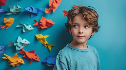 Little boy with paper fishes on color background. April Fools Day celebration