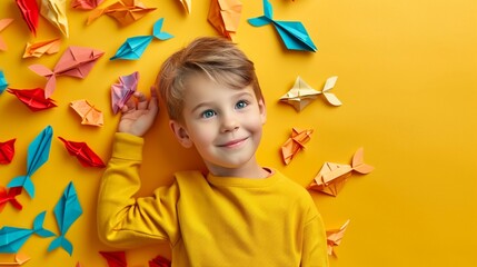 Little boy with paper fishes on color background. April Fools Day celebration - obrazy, fototapety, plakaty