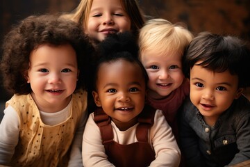 Diverse group of joyful toddlers smiling together. Childhood innocence and friendship.