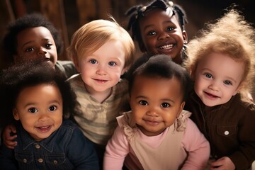 Diverse group of smiling toddlers in warm indoor setting. Childhood innocence and diversity.