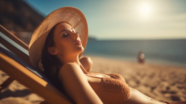 Summer vacations concept, close up of Happy woman with bikini, hat and shorts Jeans relaxing in hammock on tropical beach at sunset