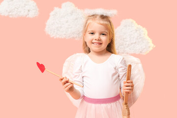 Cute little girl dressed as cupid with bow, arrow and clouds on pink background. Valentine's Day...