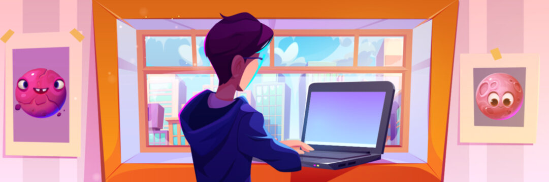 Young man working on laptop near window. Vector cartoon illustration of male freelancer or student character using computer at home, modern cityscape view in window, startup business, remote studying