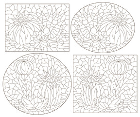 Set of contour illustrations in the style of stained glass with compositions of cacti, dark outlines on a white background