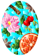 Stained glass illustration with fruits, berries and spices on a blue background