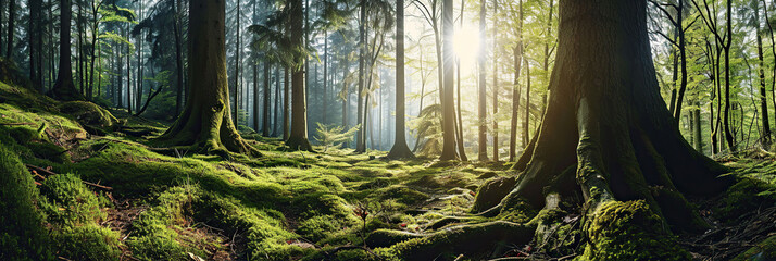 Panoramic view of a forest with sun rays. - obrazy, fototapety, plakaty