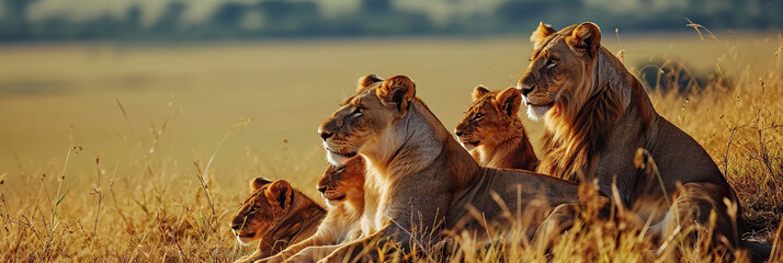 A family of lions in the wild. - obrazy, fototapety, plakaty