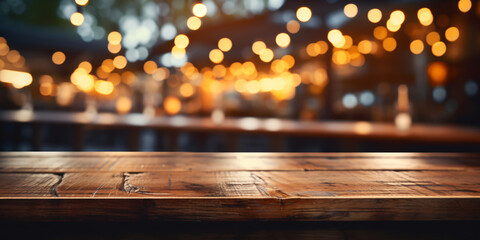 Empty wooden table with blurred background of beer bar or beer cafe. - obrazy, fototapety, plakaty