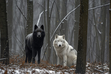 wintry forest, a black wolf and a white wolf stand alert and watchful, their contrasting fur standing out against the muted brown leaves and falling snow.