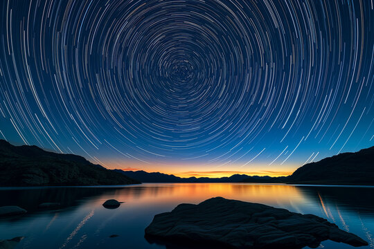 long-exposure shot of star trails swirling above a calm lake and mountainous horizon at twilight, reflecting the cosmic dance of the stars in the water below.