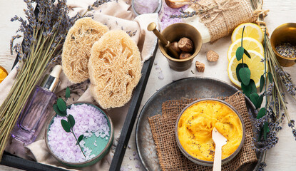 Cosmetic natural product, lavender, oil, aroma salt. Beauty Concept.