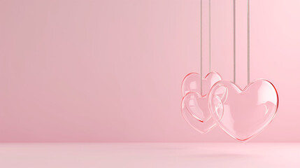 Hanging hearts glass pink blank background with copy space.