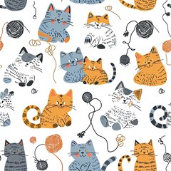 cute seamless pattern with cat play skein of wool thread art print