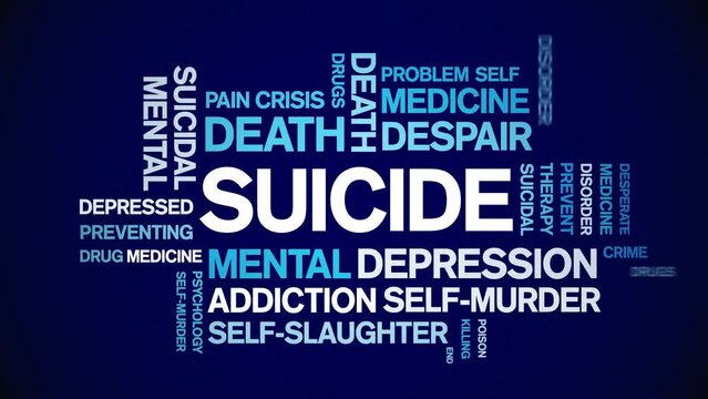 Suicide animated tag word cloud;text design animation kinetic typography seamless loop.