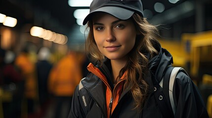 Portrait of a beautiful young woman working in a metallurgical plant