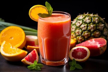 Photo of a vibrant and refreshing tropical fruit smoothie in a clear glass. Generative AI